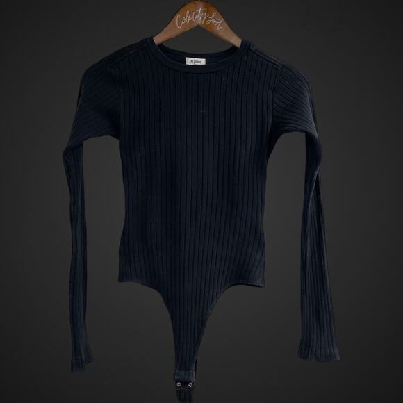Re/Done Ribbed Body Suit Long Sleeve Washed Black XS - Picture 1 of 8